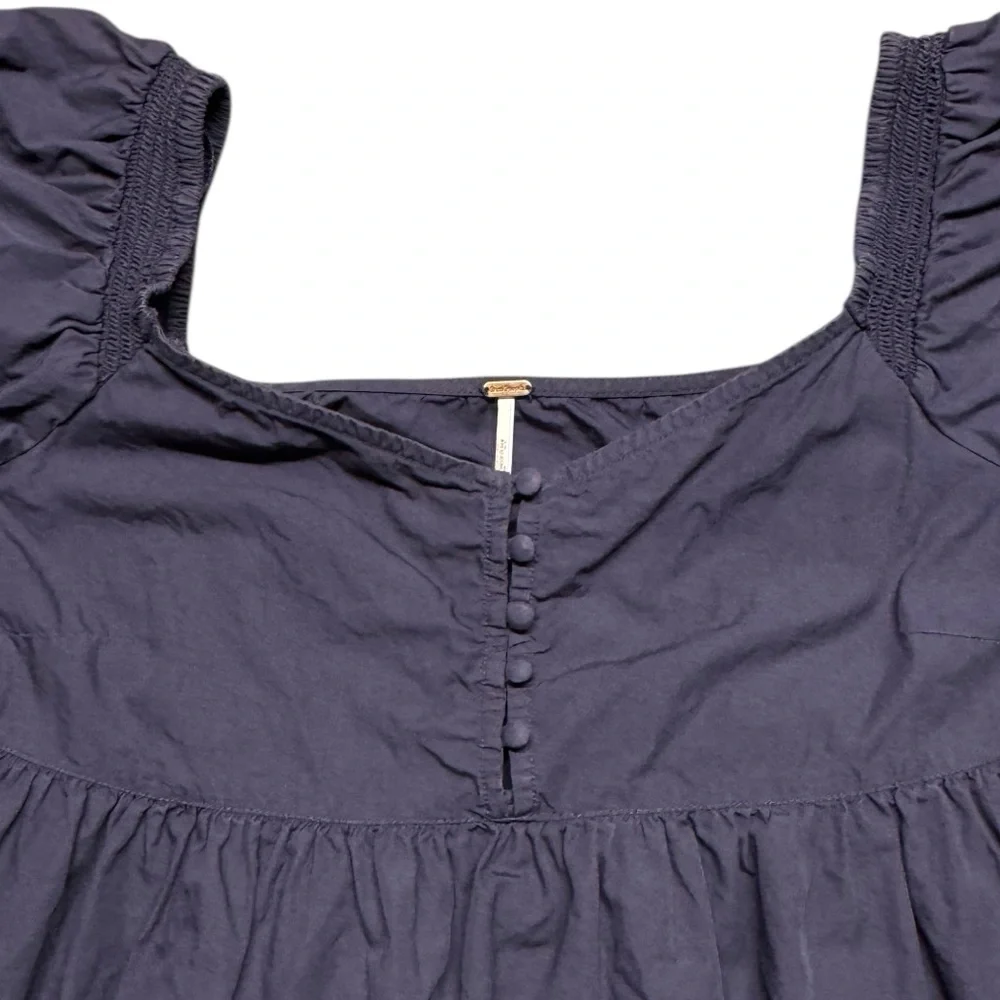 Free People Veronica Navy Blue Puff Sleeve Peplum Crop Top in Night Sky Sz Small